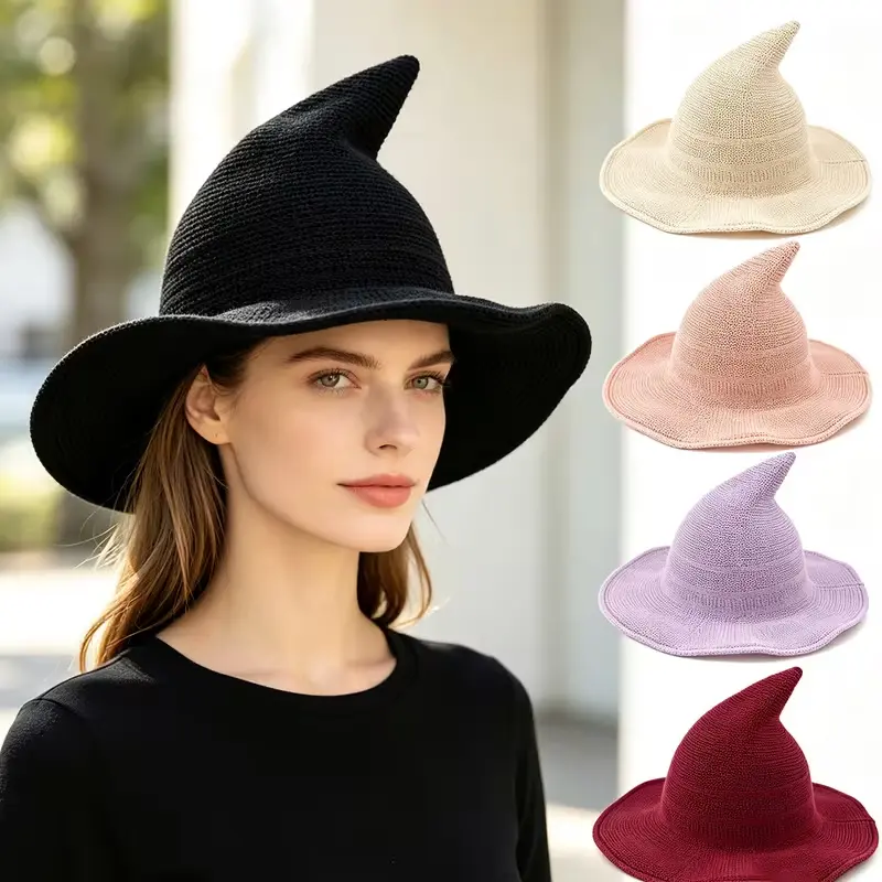 FEITAI Women's Comfortable Knit Pointed Hat - Large Brim, Plain Design, Snug Secure Fit, Halloween Party Prop, Fashion Costume Accessory