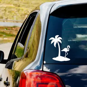 Flamingo Palm Tree Car Decal - White Vinyl Sticker for Car Windows & Doors - Fun Beach Design for Vehicle Decoration