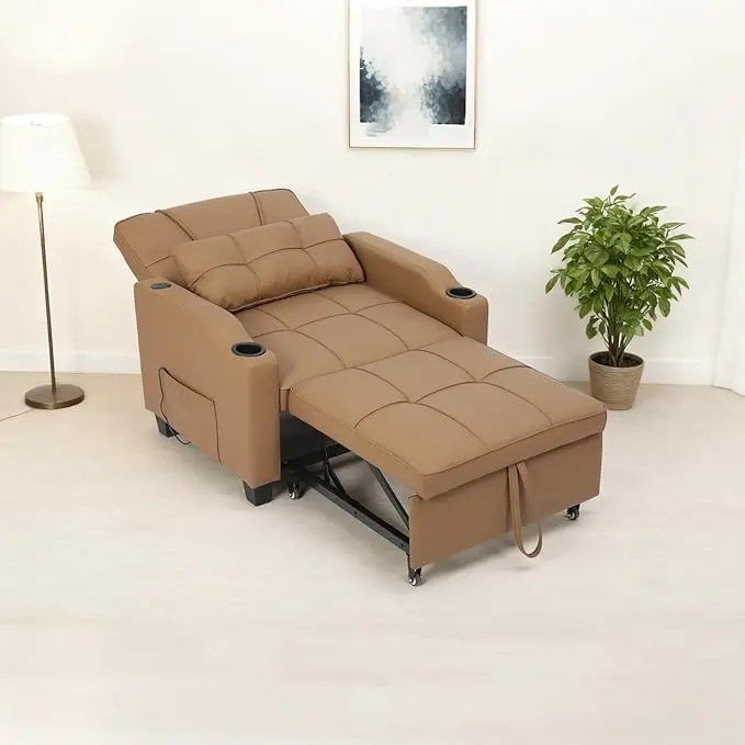 3-in-1 Convertible Sleeper Chair: USB/Type-C, Massage, Cup Holder & Side Pockets