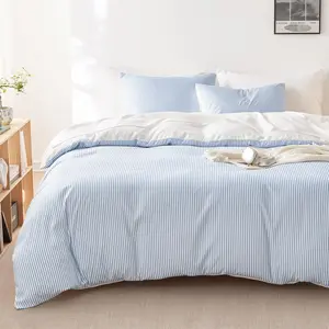 Striped Comforter Set, Ticking Stripe Vertical Pinstripe Neutral Farmhouse Pattern Printed, Soft Lightweight Bedding, 3 Pieces, Blue White, Twin/Twin XL Size