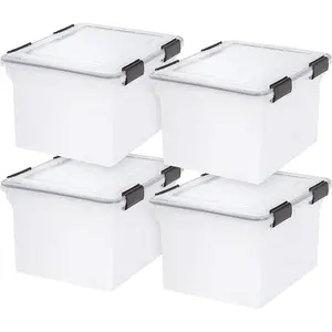 IRIS USA File Box WeatherPro File Organizer Plastic File Box for Letter/Legal File, Water Resistant Document Box, Durable Lid, Seal w/ Secure Latching Buckles, Stackable, Nestable, Clear 32 Qt. 4Pack