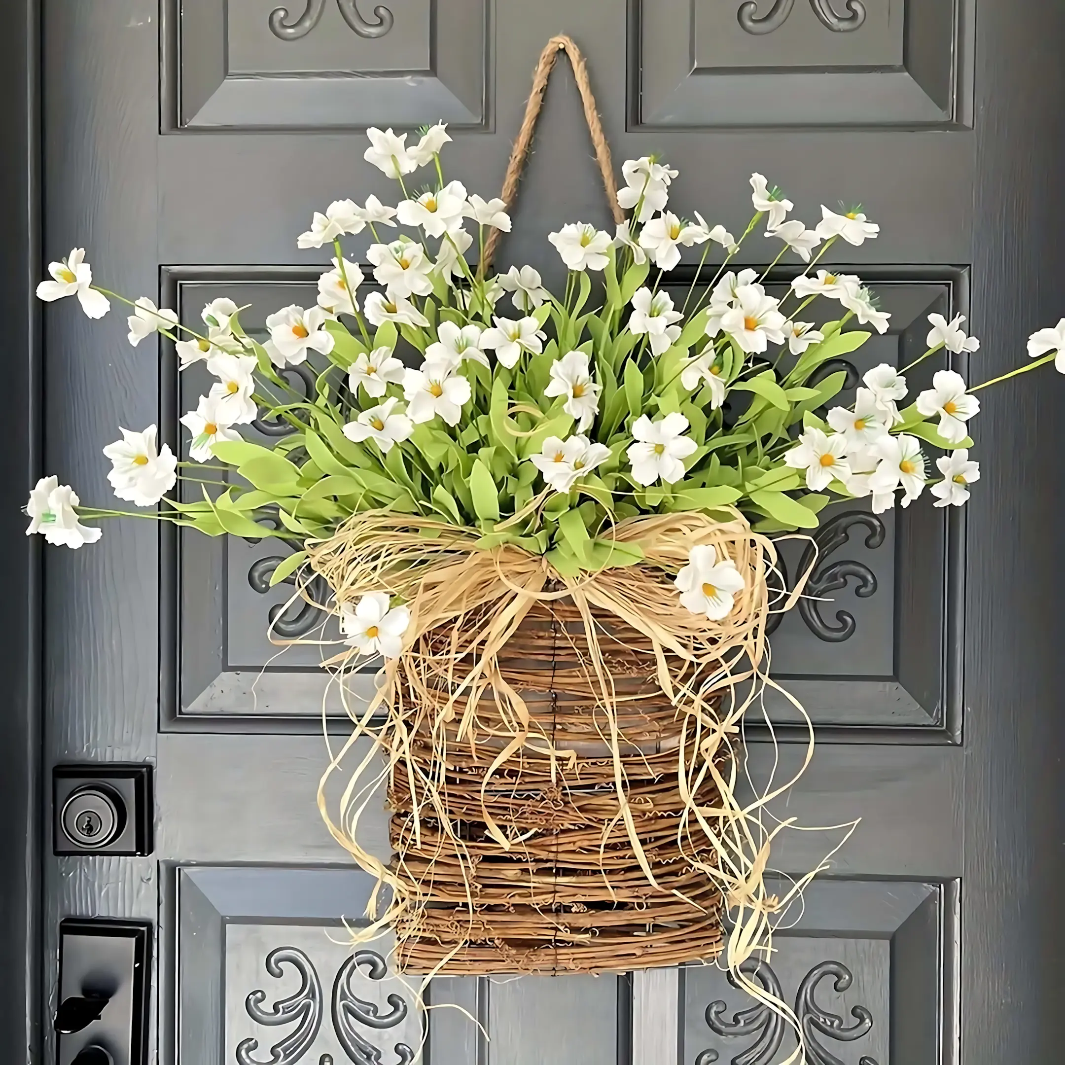 1pc 13.78inch Cream Hydrangea Door Hanger Basket Wreath, Spring Wreaths for Front Door, Home Porch Farmhouse Decor Boho Wreaths, Pink Berry Wildflower Door Hanger Basket (Little Daisy)