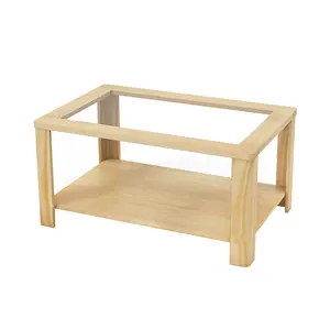 COSTWAY - 2-Tier Coffee Table Rectangular Center Table with Tempered Glass Tabletop and Storage Shelf-Natural