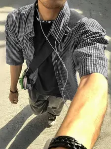 Men's Summer Plaid Short Sleeve Shirt, Single Button Casual Fashion Fitted Vintage Style, Trendy Street Fashion, Outdoor Wear, Fresh Minimalist Design