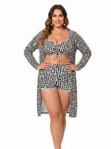 Women's Plus Size 3-Piece Geometric Print Swimsuit with Cover-Up, Drawstring, High Waisted Shorts, 1XL-4XL Curvy-Friendly Fit, Lightweight Breathable Swimsuit Fabric (82% Polyester, 18% Elastane)