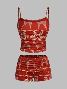 Women's Solid/All Over Print Fabric Sleeveless Cami Top & Shorts Two-piece Set, Casual Fashion Cozy Top & Shorts for Daily Outdoor Wear, Ladies Summer Clothes