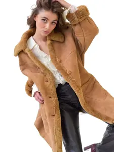 Vintage 1990s Women Penny Lane Shearling Coat Fur Coat Long Coat Women Trench Coat Brown Button Closure Shearling Sherpa Fur Coat Sheepskin Suede Leather And Original Fur Shearling Leather Coat Penny Lane Boho Hippie Coat Y2K