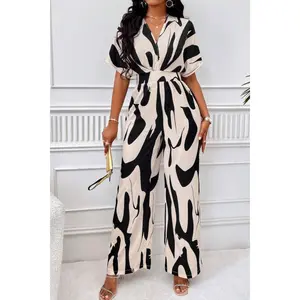 Printed V-Neck Short Sleeve Wide Leg Jumpsuit