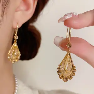 Gold Wire Mesh Water Drop Earrings for Women DDES0356 Light Luxury High-End Fashionable Elegant Earrings 14K Gold-Plated
