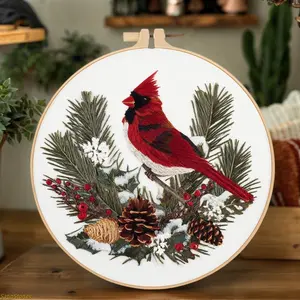 Christmas Cardinal Bird Embroidery Kit DIY Stitching Materials Set English Guide Handmade Needlework Craft Project for Beginners Creative Holiday Art Supplies