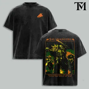Warhammer 40K Salamanders T-Shirt – Vulkan Primarch Graphic Tee, Space Marine Chapter Shirt, Washed Unisex Cotton Top for Sci-Fi Gamers & Collectors, Grimdark Fan Apparel