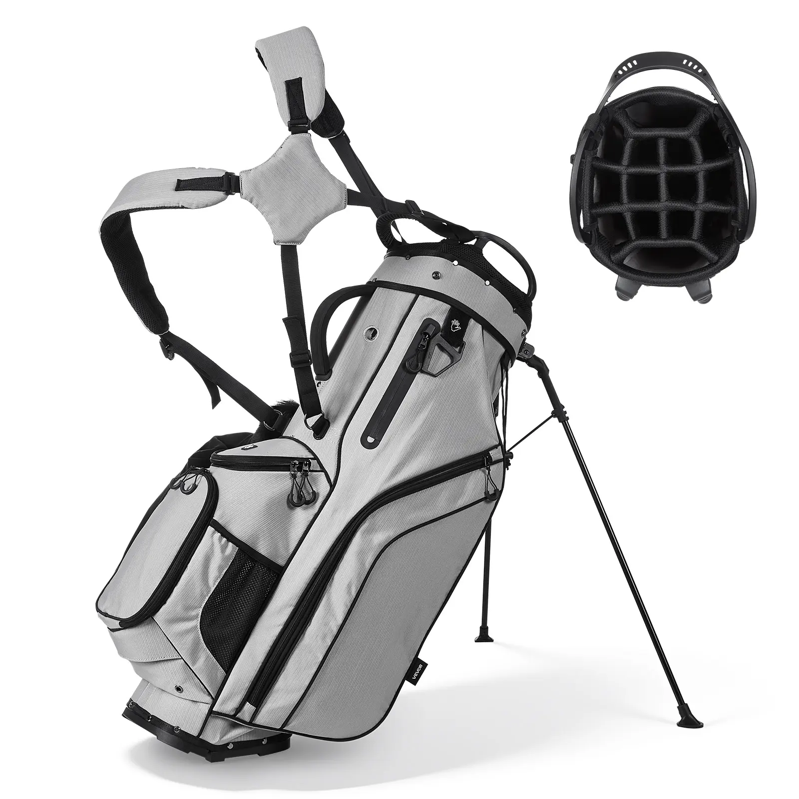 【SummerFinds】VEVOR Unisex Golf Cart Bag, 14-Way Top Divider Organizer, 2-in-1 Cart Compatible Functional Standard Fit Bag, Dual Shoulder Straps, Support Legs, Rain Hood, Storage Pockets, Lightweight Polyester for Course Play, Full-Length, 14-Way Padded To
