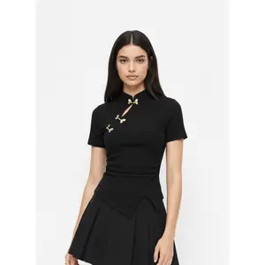 Cider Mandarin Collar Ruched Split Top