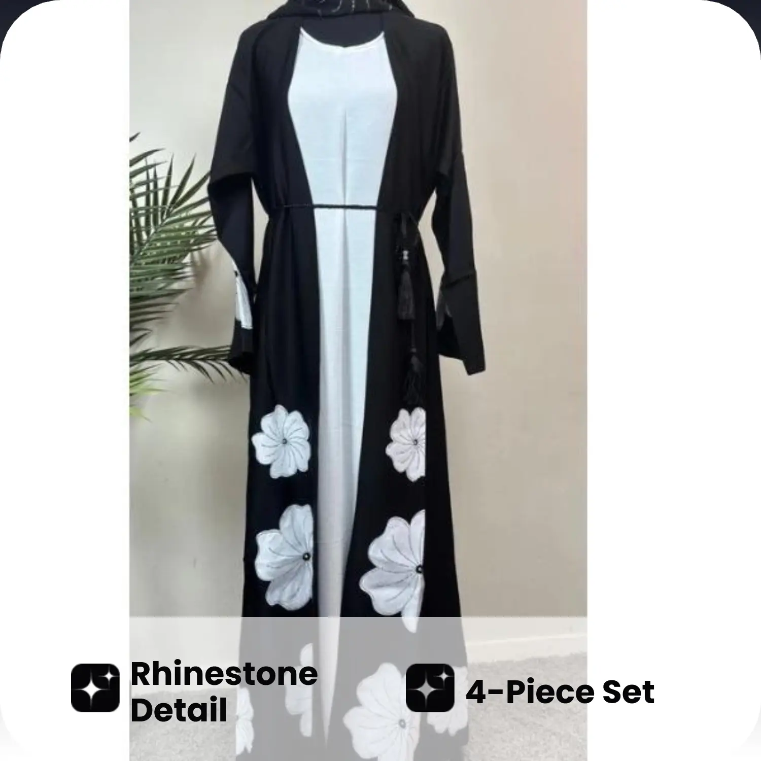 Women's 4-Piece Embellished Abaya Set - Long Sleeve Cowl Neck Minimalist Gown with Rhinestone Detailing, Floral Embroidery, Hijab, Full Coverage Draping Fabric for Ramadan, Wedding Evenings, All Seasons, Flowers