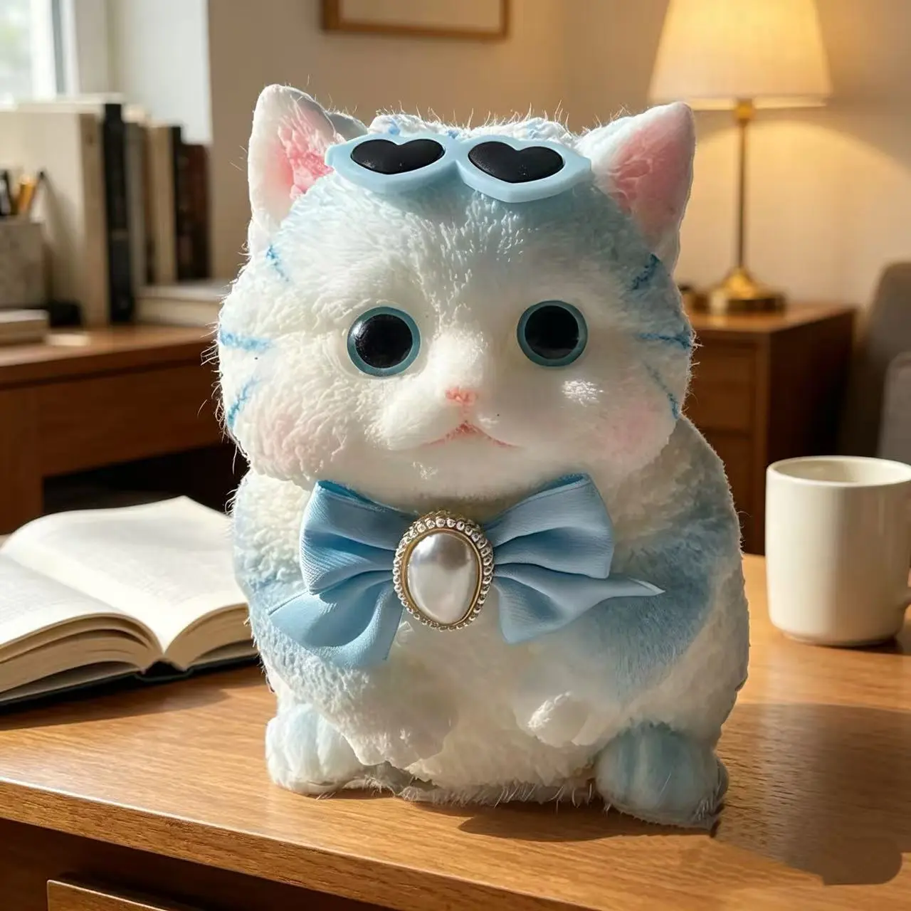 Lifelike Fluffy Blue Cat Mini Squishy Toy, Ultra-Soft Fuzzy Squeeze Fidget, Cute Chubby Kitten with Blue Bow-Heart Sunglasses, Slow-Rising Rebound Sensory Collectible, Elegant-Modern Stress Relief Desk Companion, Pet Aesthetic House Decoration, Collectibl