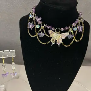 Purple Butterfly Fairycore Choker and Earrings Set with Gold Chains, Crystals, and Gemstones