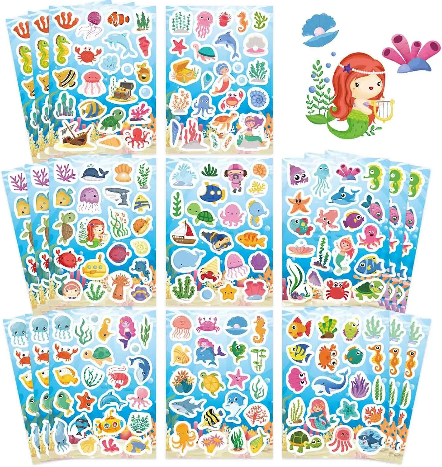 Ocean Stickers for Kids, Sea Animal Mermaid Tropical Fish Shark Sticker | 24 Sheets Adhesive Stickers Under The Sea Animal Beach Sticker, Ocean Party Favors, Summer Holiday Decoration