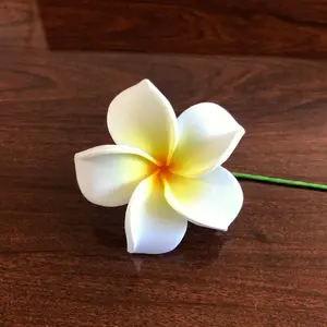 Plumeria Foam Flower with Stem, White Yellow 2.5"