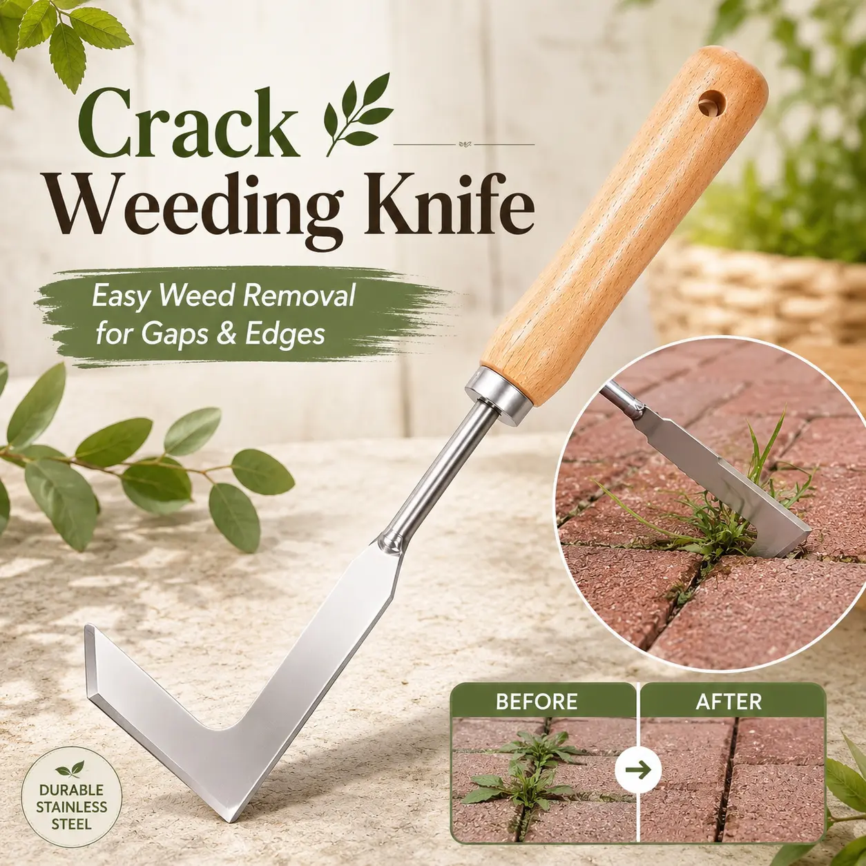 L-Shaped Crack Weeder Tool, Stainless Steel Crevice Weed Remover with Comfortable Wood Handle, Reaches Narrow Gaps to Remove Stubborn Weeds from Patio Pavers, Sidewalks, Driveways, Garden Beds and Lawn Edges