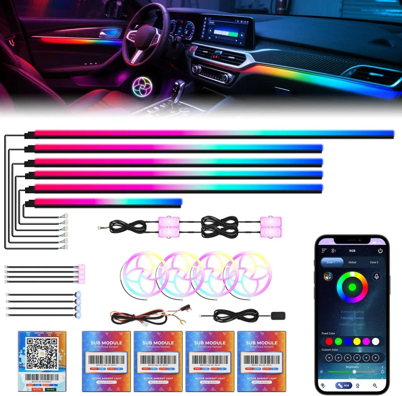 Dreamcolor Acrylic Car Interior Lights 22 in 1 RGB LED Strip Lights APP Control Zoned Control System 252 Color Modes DIY Fiber Optic Ambient Lighting Kits Music Car Neon Light Kits New Version WEBUPAR