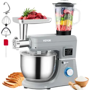 TikTokShopBlackFridayVEVOR 5 IN 1 Stand Mixer, 660W Tilt-Head Multifunctional Electric Mixer with 6 Speeds LCD Screen Timing, 7.4 Qt Stainless Bowl, Dough Hook, Flat Beater, Whisk, Scraper, Meat Grinder, Juice Cup - Gray