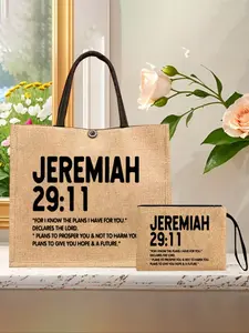 Jeremiah 29:11 Scripture Tote Bag Set, Reusable Bag, Lightweight Work Bag, Large Capacity Cosmetic Bag With Hand Rope, Easy Care, Large Capacity For Daily Commute, Picnic,Party,Travel,Artistic Letter Print Design,Everyday Use As A Convenient Shopping Bag