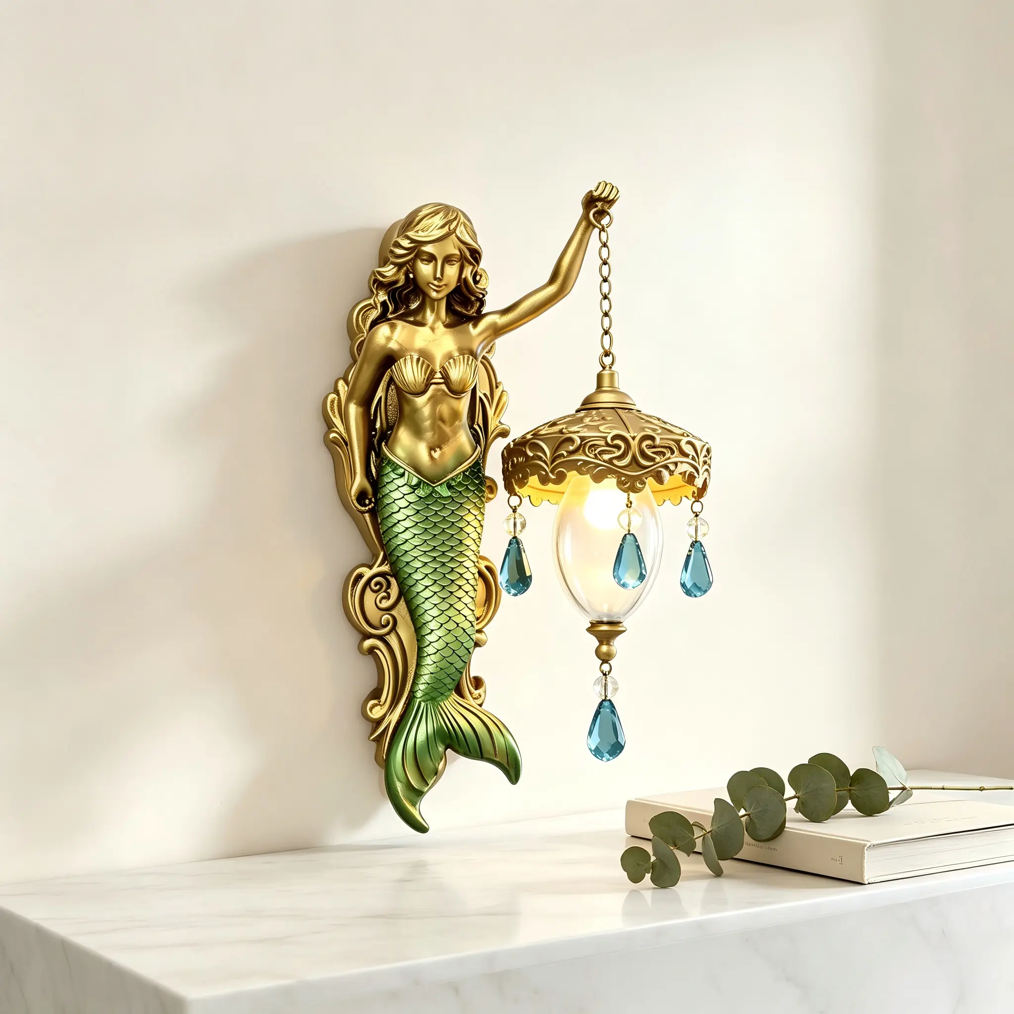 Vintage Boho Wireless Mermaid Wall Light - Warm Soft Glow, Whimsical Home Decor Lighting Accessory for Bedroom