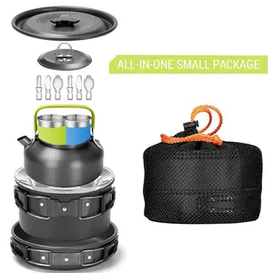 Camping Cookware Set for 2-3 People - Portable Non-Stick Outdoor Cooking Kit with Kettle, Pots, Cups & Storage Bags