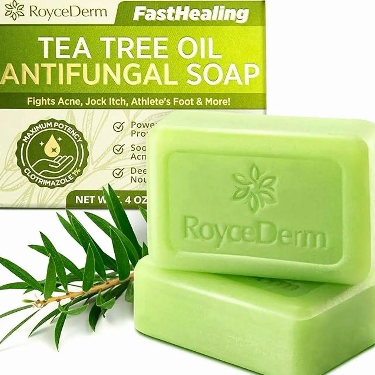 Roycederm Antifungal Antibacterial Tea Tree Soap: Antifungal Antibacterial Treatment for Face & Body Acne, Athlete's Foot, Tinea, Folliculitis Ringworm Jock Itch (Pack of 1)