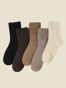 5 Pairs Soft Cozy Winter Socks Women, Athletic Socks, Thick Terry Mid-Calf, Cushioned Warm Ribbed Cuff, Vintage Casual Socks, EU36-41