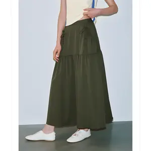 URBAN REVIVO Women's Minimalist Casual 100% Polyester A-Line Midi Skirt - 2026 Bow Embellishment, Shirring, Hip-Enhancing Fishtail, Knot Bottom, Breathable, Built-In Stretch, Midi Skirts, 100% Polyester Skirts