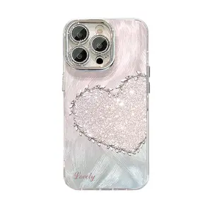 Glitter Heart Pattern Phone Case for iPhone 11/12/13/14/15/16/17 Pro Max,17Air,14/15/16 Plus,X,&XS Max; feather-veil texture design, anti-fingerprint, lens film & full-body drop protection.
