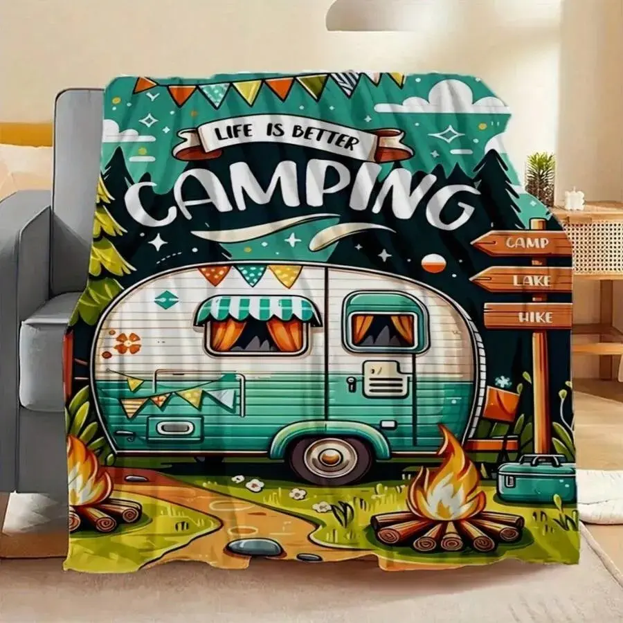 HKStorage Printed Flannel Camper Blanket - Lightweight, Warm, Durable, Playful Design, Mixed Colors, All-Season Use for Travel, Outdoor Adventures, Cozy Home Decor, Mother's Day & Easter Gift Accessory