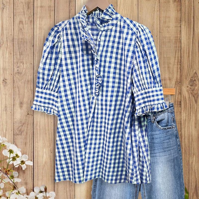100% Cotton Green/Khaki/Red/Blue Gingham Check Shirt with Ruffle Neckline & Puff Sleeves Medium Length Women's Fashion Top Runs Large