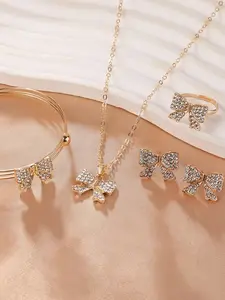Women's 4-Piece Bow Jewelry Set, Full Rhinestone Necklace Bracelet Earrings Ring, Sweet Elegant Bridal Wedding Party Daily Wear, Trendy Jewelry Set