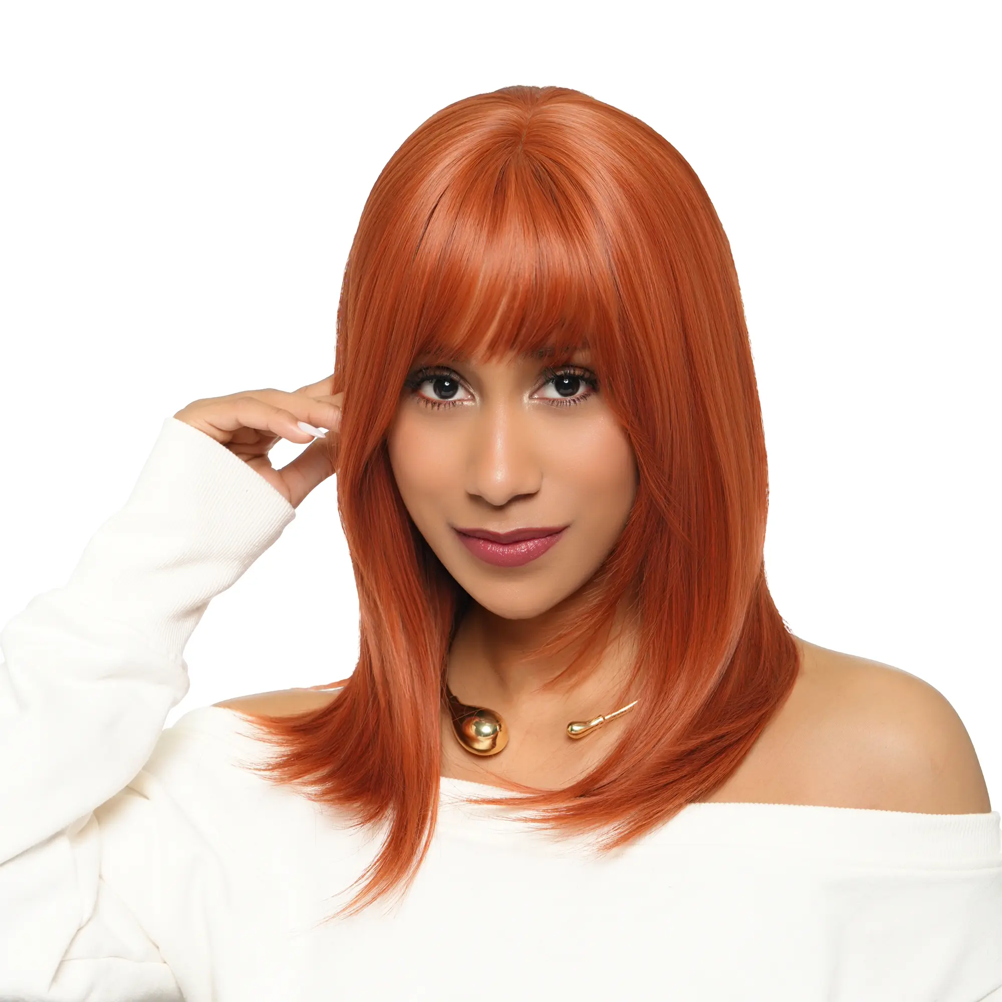 15-Inch Solid Sunkissed Firey Orange Subtly Flicked Ends Barely Wavy Cut Synthetic Wig | 【Heat Resistant】【Cap Included】 | #3 54FSGA