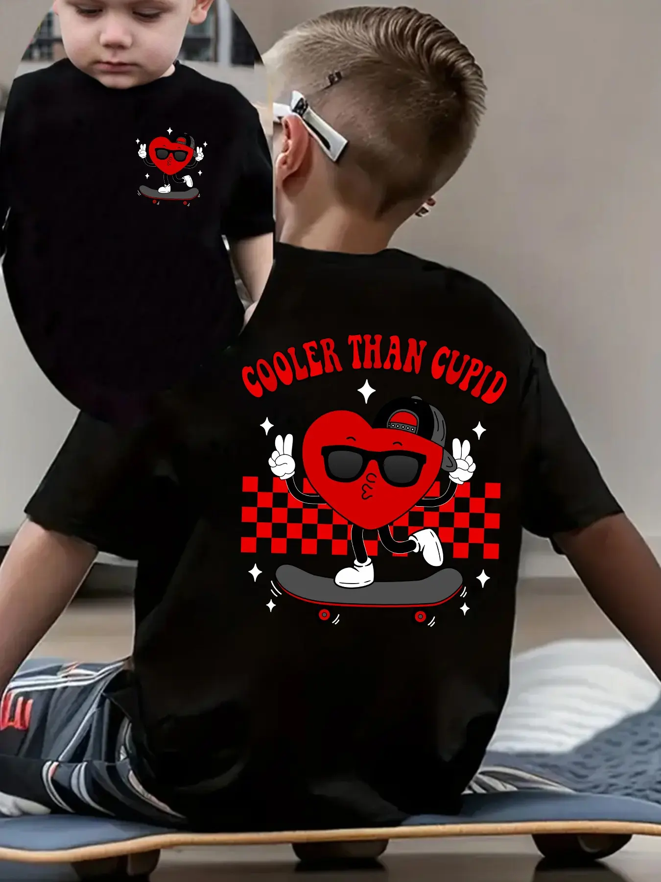 Boys' Regular-Fit Cotton Short-Sleeve Graphic T-Shirt - Heart Digital Print "Cooler Than Cupid", Fitted Option, Yes for Summer & Valentine's Day, Ideal Skater Gift, 3 - 4 Years, Skaters, Perfect Gift For Skaters