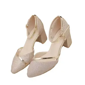 Spring Women Korean Style One Strap Closed Toe Sandals Chunky High Heels Pointed Toe Hollow Design Comfortable Feet