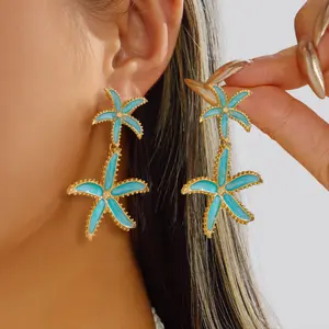 Exaggerated Blue Double Starfish Drop Earrings For Women Crystal Zircon Imitation Pearl Sea Star Piercing Earrings Party Jewelry