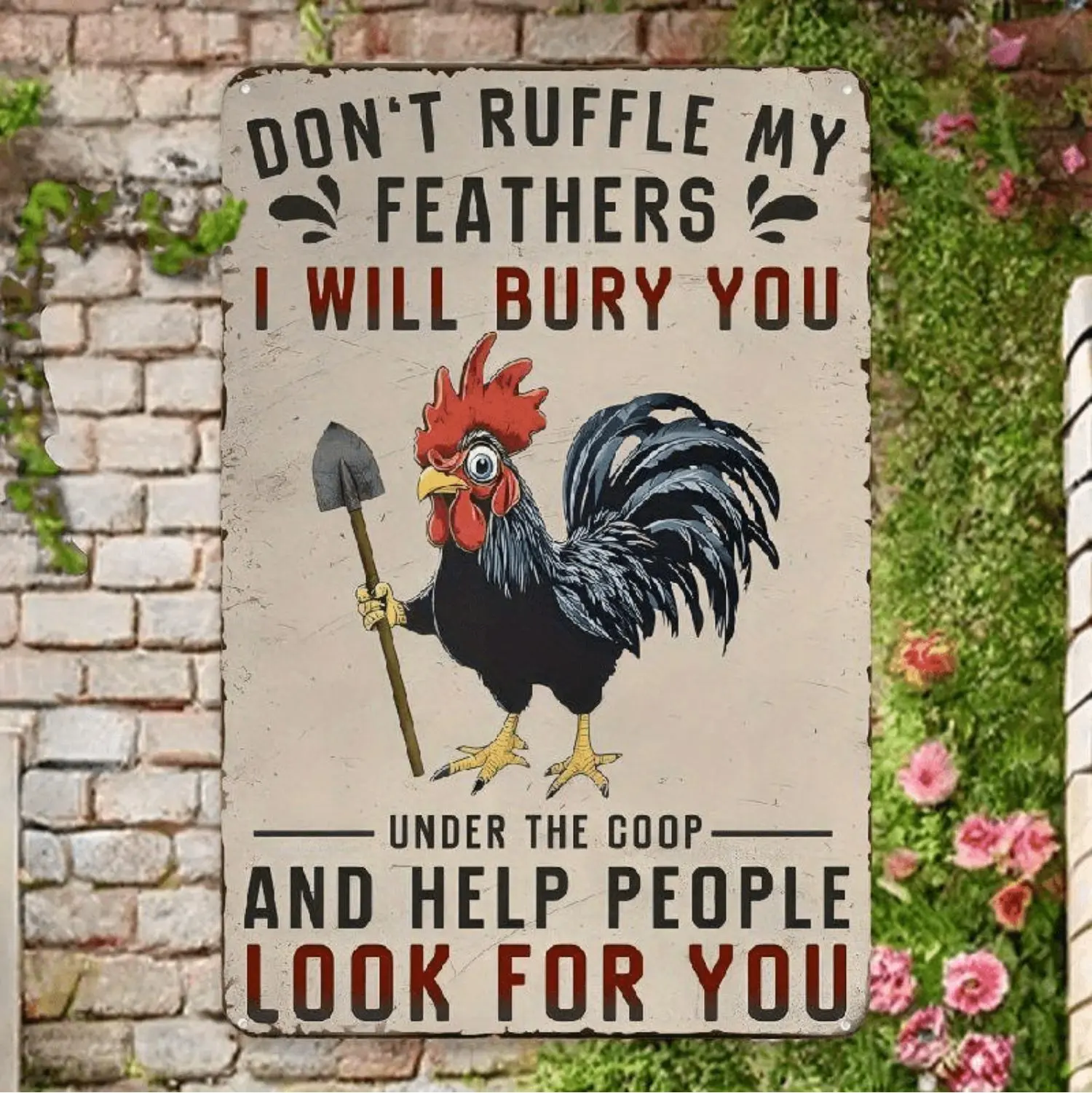Funny Chicken Tin Sign - "Don't Ruffle My Feathers, I Will Bury You" Vintage Farmhouse Wall Decor for Kitchen, Coop, or Home, 8x12 Inch Retro Metal Sign, Rustic Farmhouse Humor, Bar Wall Art | Rustic Farmhouse Style | Durable Tinp