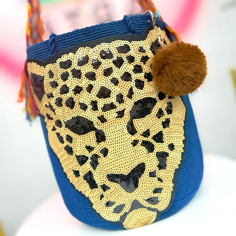 Handmade Wayuu Leopard Bucket Bag | Sequin Crochet Crossbody Purse | Jaguar Animal Print Artisan Handbag