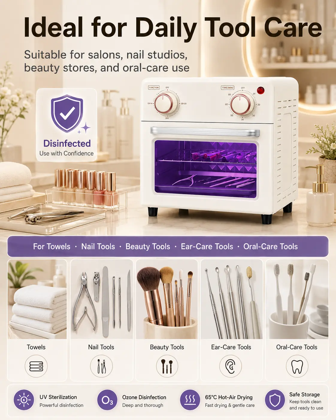 Mini UV (Ultraviolet) Sanitizer Drying Cabinet - 10L, 30-Minute Medium-Temperature Drying, Keeps Tools Dry, Low Daily Power Consumption, Compact Stylish Countertop for Nail & Beauty Tools, Makeup Accessories, Stainless Steel, Nail Studios, Salon & Home, O