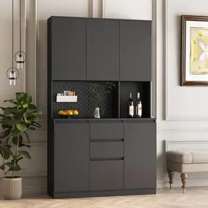 74" Utility Pantry Storage Cabinets, Freestanding Kitchen Pantry Cabinet with Charging Station Modern Buffet Cupboards Sideboard with Drawer and Microwave Stand for Dining Room, Living Room, Black White Furniture Dresser