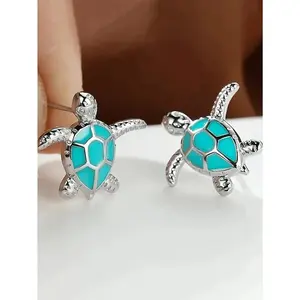 1 Pair Delicate Cute Green Opal Turtle Stud Earrings for Women, Simple Korean Style Silver Animal Earrings, Perfect as a Birthday or Festival Jewelry Gift for Moms