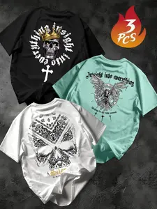 Men's 3-Pack Graffiti Round Neck Short Sleeve Streetwear T-Shirts, Unique Cool Aesthetic Prints, Gothic Street Style, Loose-Fitting, Long Length