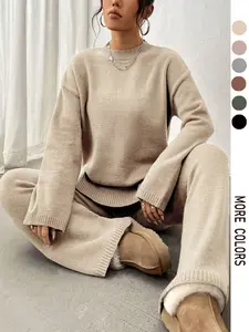 Plus Size Two-Piece Set Solid Mock Neck Drop Shoulder Split Hem Sweater & Straight Leg Pants, Casual Fashion Cozy Knitwear Set for Daily Outdoor Wear, Women Clothing for Fall & Winter