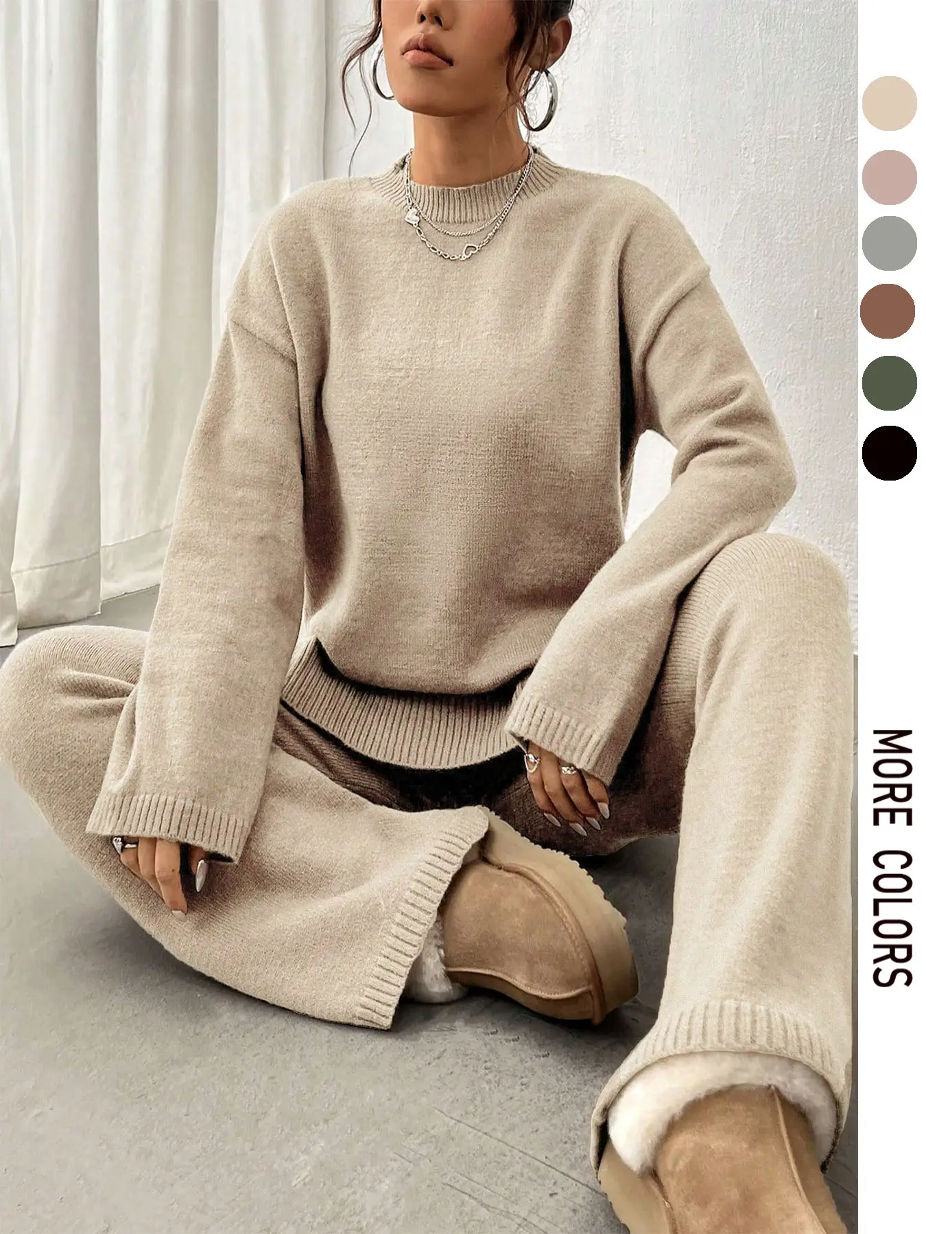 【Plus Size】 Two-Piece Set Solid Mock Neck Drop Shoulder Split Hem Sweater & Straight Leg Pants, Casual Fashion Cozy Knitwear Set for Daily Outdoor Wea