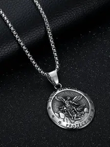 Vintage Saint Michael Angel Pendant Necklace, Unisex Titanium Steel Round Charm, Protective Jewelry for Men and Women, Unique Fashion Accessory
