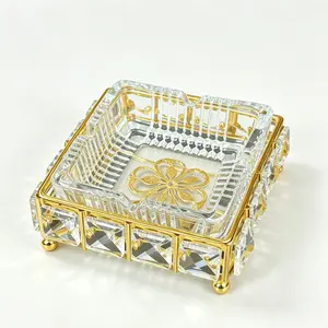 Luxury Square Striped Crystal Ashtray ✨ Gold Diamond Decorative Tray for Home & Office