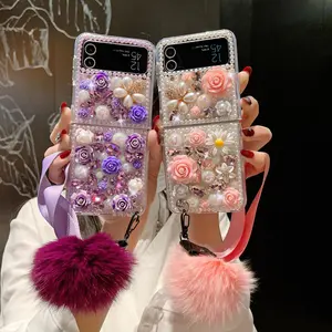 Fashion Flower & Faux Pearl Decor Phone Case with Hairball Charm, 1 Count Luxury Phone Protective Cover, Phone Accessories Compatible with Samsung Galaxy Z Flip 3 4 5 6, Casing Protector